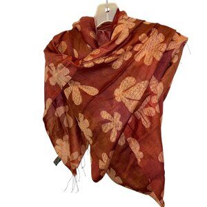 Fleurs Elegant Additions Paris sienna orange Raw SILK floral print shawl scarf